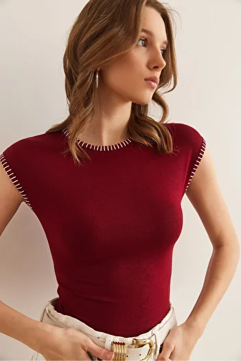 Olalook Women's Burgundy Stitching Detailed Soft Touch Stretchy Blouse Blz- 19002895