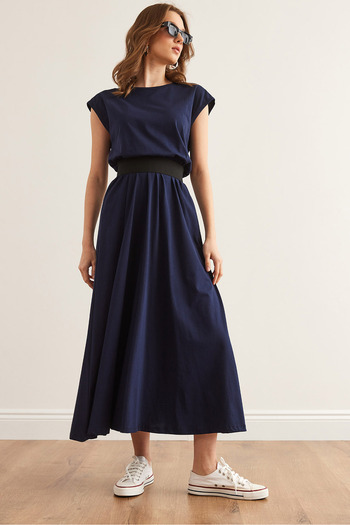 Olalook Women's Navy Blue Elastic Waist Bat Combed Cotton Dress Elb- 19001509