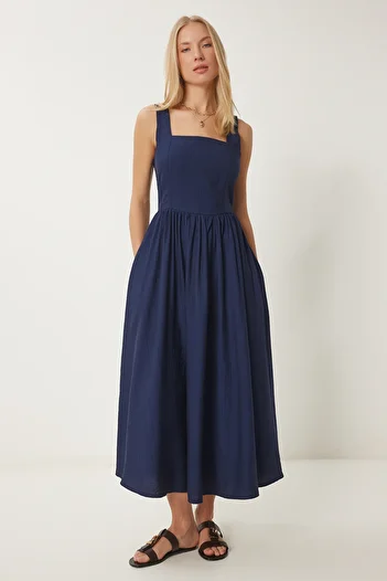 Happiness İstanbul Rochie țesătă evazată cu efect de șifonat, albastru marin pentru femei UB00339