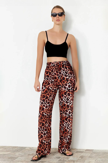 Trendyol Collection Brown Elastic Waist Wide Leg/Wide Leg Leopard Print Woven Pants TWOSS24PL00159