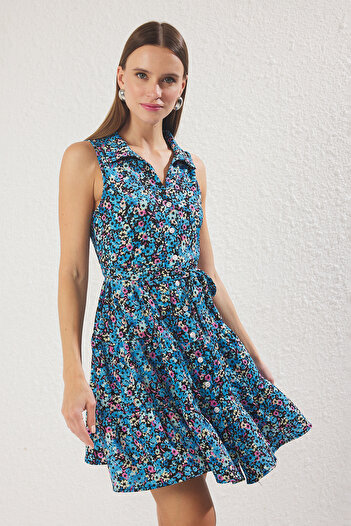 Trendyol Collection Blue Floral Print Polo Neck Skater Polo Stretchy Mini Knitted Dress