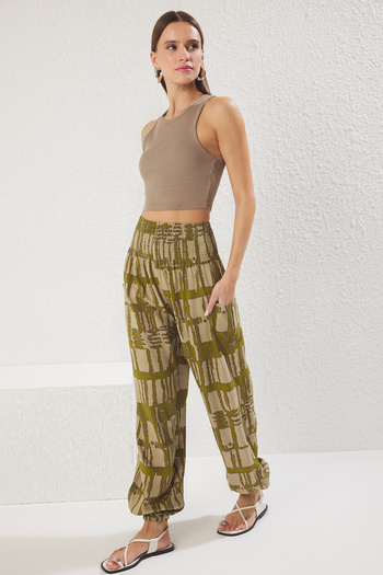 Trendyol Collection Khaki Ethnic Patterned Shalwar Form Woven Trousers with Elastic Legs Twoss25Pl00063