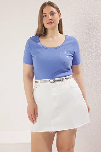 Trendyol Curve Blue Pool Collar Stone Detailed Bodysitting Knitted Plus Size Blouse Tbbss25Af00100