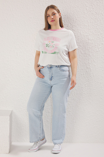 Trendyol Curve Albastru deschis, talie înaltă, efect decolorat, spălare vintage, picioare largi, blugi cu picioare largi, mărime mare TBBSS24CJ00050