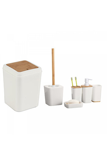Herzberg Home Living Set of 6 bathroom accessories, with elements, Bamboo and ABS, Cream