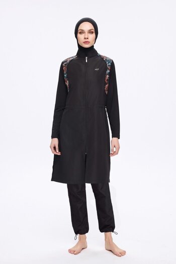 Nehar Shoulder Area Patterned Black 3 Piece Woven Full Hijab Swimsuit Set 2274