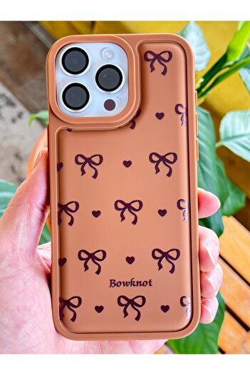 Fibaks iPhone 16 Pro Compatible Case Soft Textured Bowknot Pattern Brown Soft Camera Protected Cover