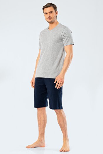 Cacharel 2206 Gray Melange Men's Embroidered V-Neck Bermuda Shorts Set