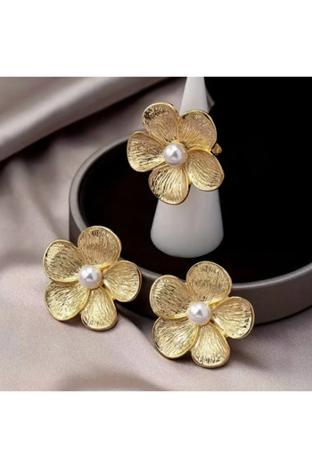 SE Jewellery Collection Selin Ersoy Gold Çiçek Motifli İnci Detaylı Zarif Kadın Küpe Yüzük Set Takı Seti