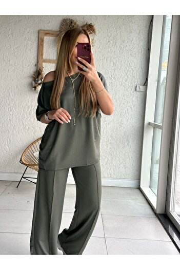 QİMYA BUTİK BUKETLI Γυναικεία βρώμικη ραφή Λεπτομερής κοντομάνικη αθλητική φόρμα κάτω - Top SET