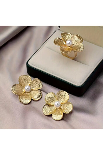 SE Jewellery Collection Selin Ersoy Gold Çiçek Motifli İnci Detaylı Zarif Kadın Küpe Yüzük Set Takı Seti