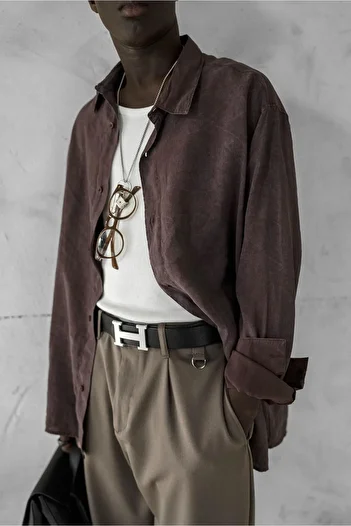 ablukaonline Ανδρικό Oversize Πλενόμενο Άνετο Πουκάμισο Καφέ