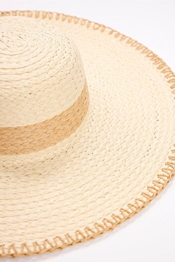 Haşema Ecru Straw Beach Hat with Ribbon Detail 2042