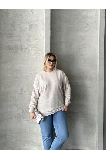 Stil Diva Plus Size Long Sleeve Elastic Waist Crew Neck Ribbed Sweater 615140