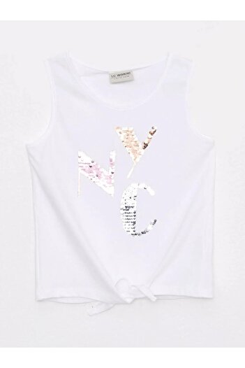 LC Waikiki Lcw Kids White Crew Neck Sequin Embroidered Cotton Girls Undershirt