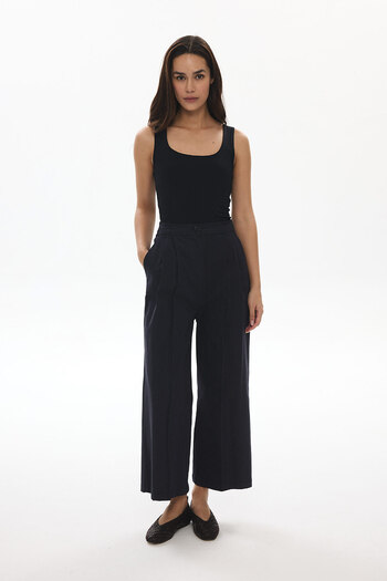 Hooopstore Alina Front Pleated Navy Blue Denim Trousers