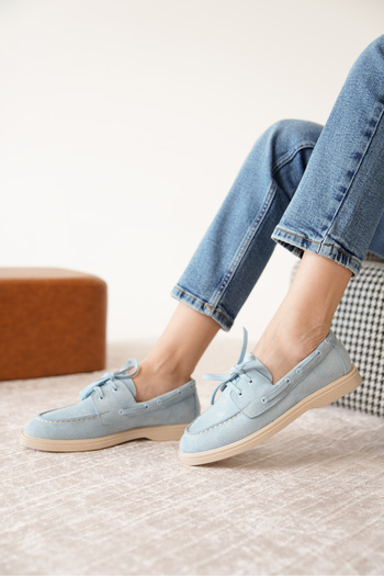 Moda Değirmeni Mavi Süet Kadın Düz Bağcıklı Loafer Ayakkabı MD1065-113-0001