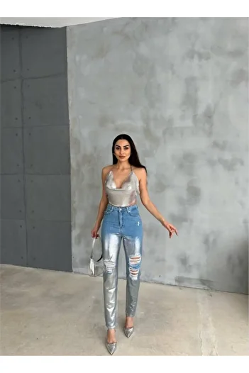 Edolika Knee Ripped Mom Jeans - Silver