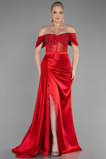 Abiyefon Red Jewelled Leg Low-cut Long Satin Evening Dress Abu2087