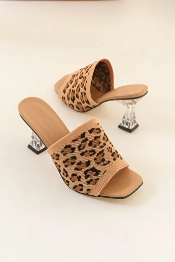 Moda Değirmeni Beige Leopard Women's Knitwear Slippers Md1071-122-0003