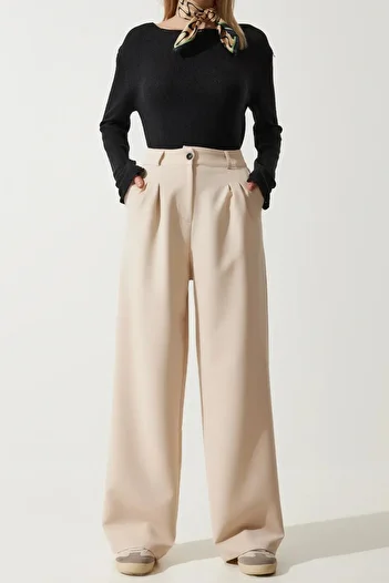 Stil Sepeti Women Beige Double Pleated High Waist Palazzo Pants Tl- 100080074