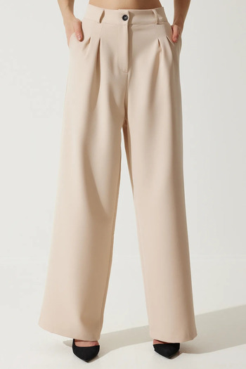 Stil Sepeti Women Beige Double Pleated High Waist Palazzo Pants Tl- 100080074
