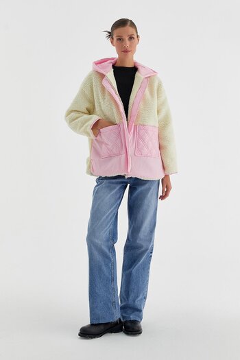 MARKALİSTE Powder Color Garni Plush Coat with Pockets