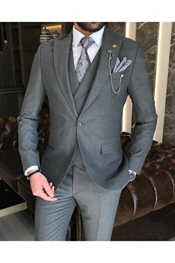 TerziAdemAltun Italian Style Slim Fit Men Jacket Vest Pants Suit Anthracite T9116