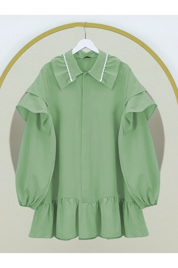 Modamorfo Poplin Tunic with Elastic Sleeves and Embroidery Detail on the Collar - Green