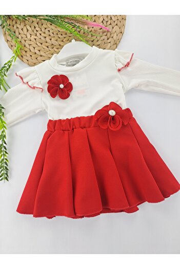 Butik Girl's Skirt T-Shirt Double Suit Red Skirt White Badi Flower Brooch Style Outfit Eid Dress