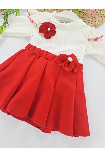 Butik Girl's Skirt T-Shirt Double Suit Red Skirt White Badi Flower Brooch Style Outfit Eid Dress
