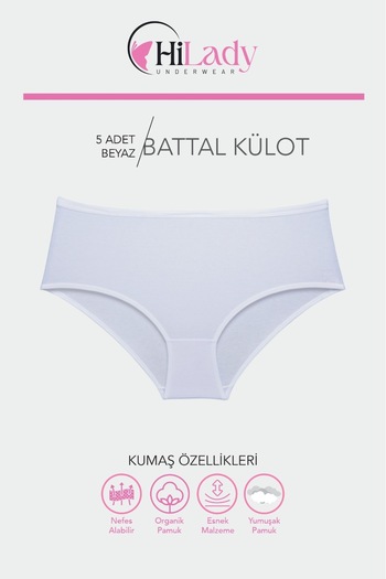 Hilady Chiloți de damă din bumbac moale, flexibili, alb, pachet de 5