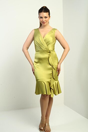 By Saygı Women's Double Breasted Lapel Lined Front Draped Front Flounce Satin Short Dress