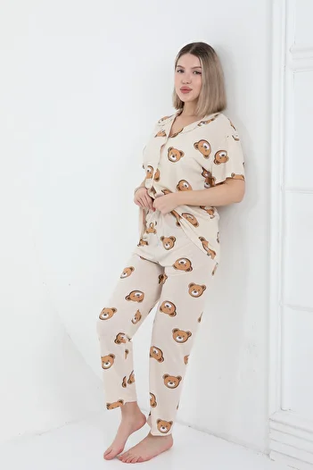 FAMES PİJAMA Costum de pijama de dama din vascoza cu nasturi