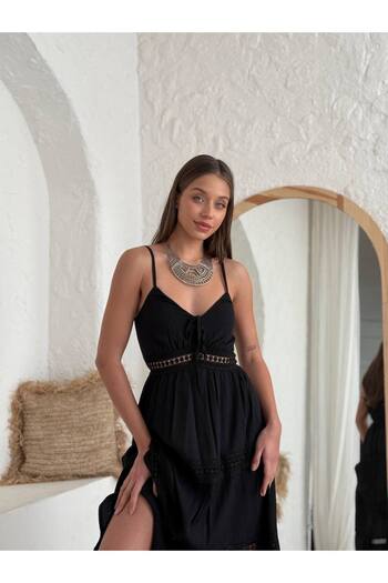 Pissos Women's Black Long Summer Dress - Lace Detailed, Strappy Bohemian Scallop Dress