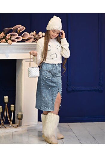 Kids Girl's Pearl and Stone Detail Denim Skirt, Bluz, Beret and Bag