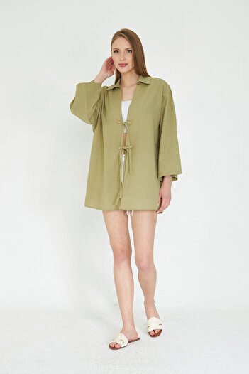 SevdeUgur Women's Khaki Linen Lace-Up Kimono
