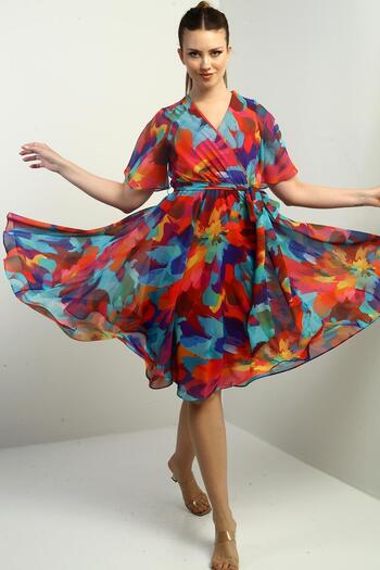By Saygı Women's Double Breasted Collar Lined Waist Belted Chiffon Rainbow Dress