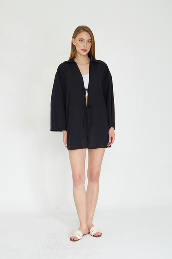 SevdeUgur Women's Navy Blue Linen Laced Kimono / Sevde Ugur