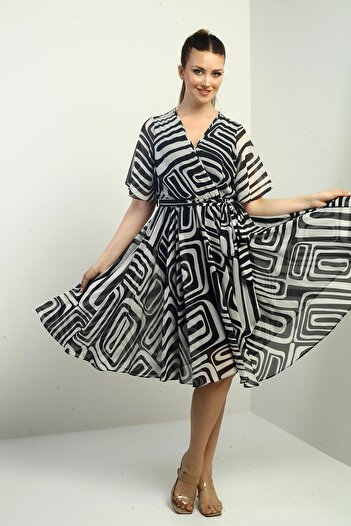 By Saygı Women's Double Breasted Lapel Waist Belted Lined Geometric Pattern Chiffon Dress