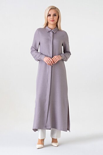 Fashion Showcase Long Tunic Linen Look with Hidden Placket - Gray