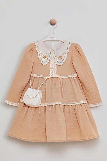 Bombili Lace Collar Floral Embroidery Bag Detailed Muslin Fabric Special Occasion Baby Girl Dress
