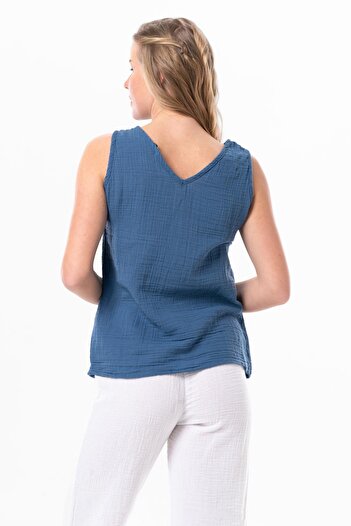 Eliş Şile Bezi Sleeveless Melis Summer Muslin Blouse Indigo indg