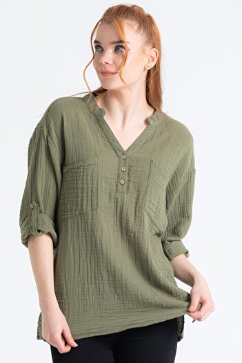 Eliş Şile Bezi Long Sleeve Asu Summer Muslin Blouse Khaki Hk