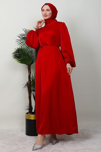 Giza Giyim Slim Belted Satin Dress Red