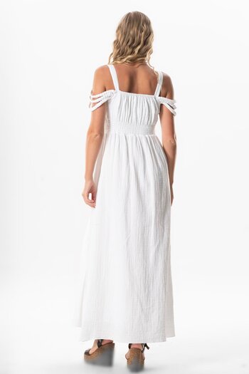 Eliş Şile Bezi Long Muslin Summer Dress with Cleopatra Sleeve Detail and Straps, White Byz