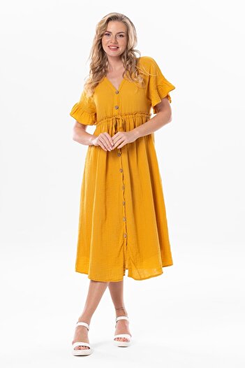 Eliş Şile Bezi Short Sleeve Shirred Afra Midi Length Summer Muslin Dress Mustard Hrd