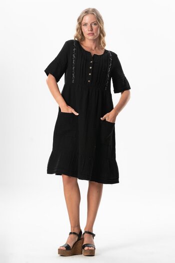 Eliş Şile Bezi Summer Midi Dress - Short Sleeve with Square Neckline and Pocket Detail