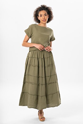 Eliş Şile Bezi Benan Elastic Waist Long Summer Muslin Skirt Khaki Hk