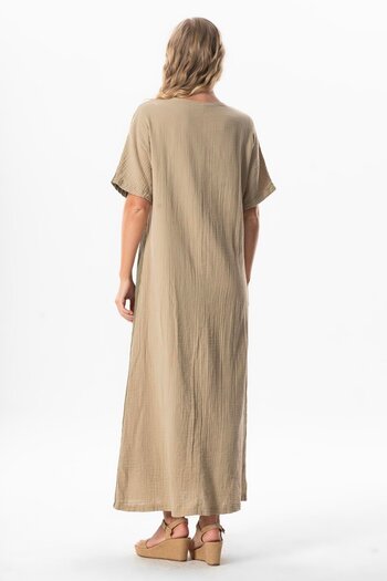 Eliş Şile Bezi Half Sleeve V-Neck Leaf Printed Long Muslin Summer Dress Mink/Khaki Vzn/Hk